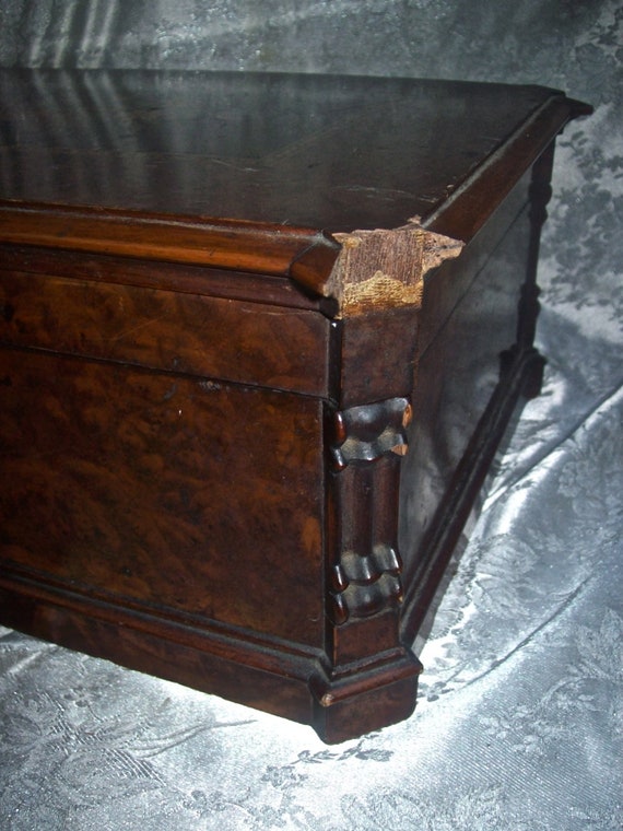 Large Antique Ornate MARQUETRY Wood JEWELRY BOX /… - image 7