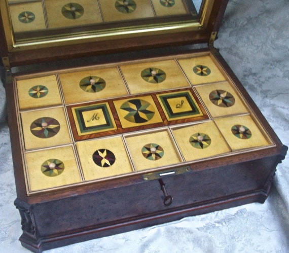 Large Antique Ornate MARQUETRY Wood JEWELRY BOX /… - image 5