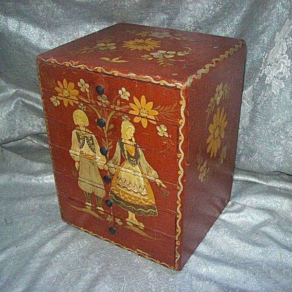 Antique PENNSYLVANIA DUTCH Miniature Folk Art Painted Wood Wedding/Dowry CHEST