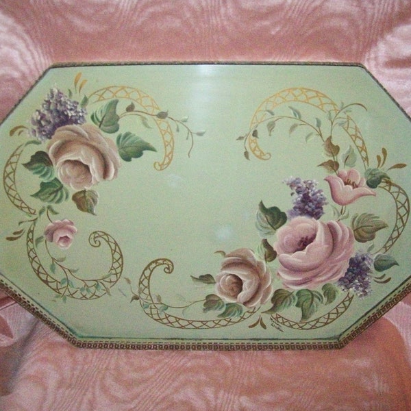 Noted TOLEWARE Artist Marian Walker Large 21 1/4" by 14" Hand Painted Floral Hexagonal METAL TRAY  with Decorative Pierced Rim