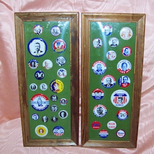 Pair of Framed Replica U.S. PRESIDENTIAL POLITICAL Campaign BUTTONS from Circa 1900 - 1970&#39;s
