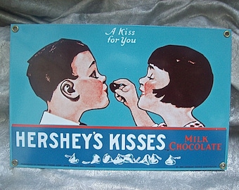 Here is "A Kiss for You" on Vintage Ande Rooney Porcelain on Metal HERSHEY KISSES ADVERTISING Sign