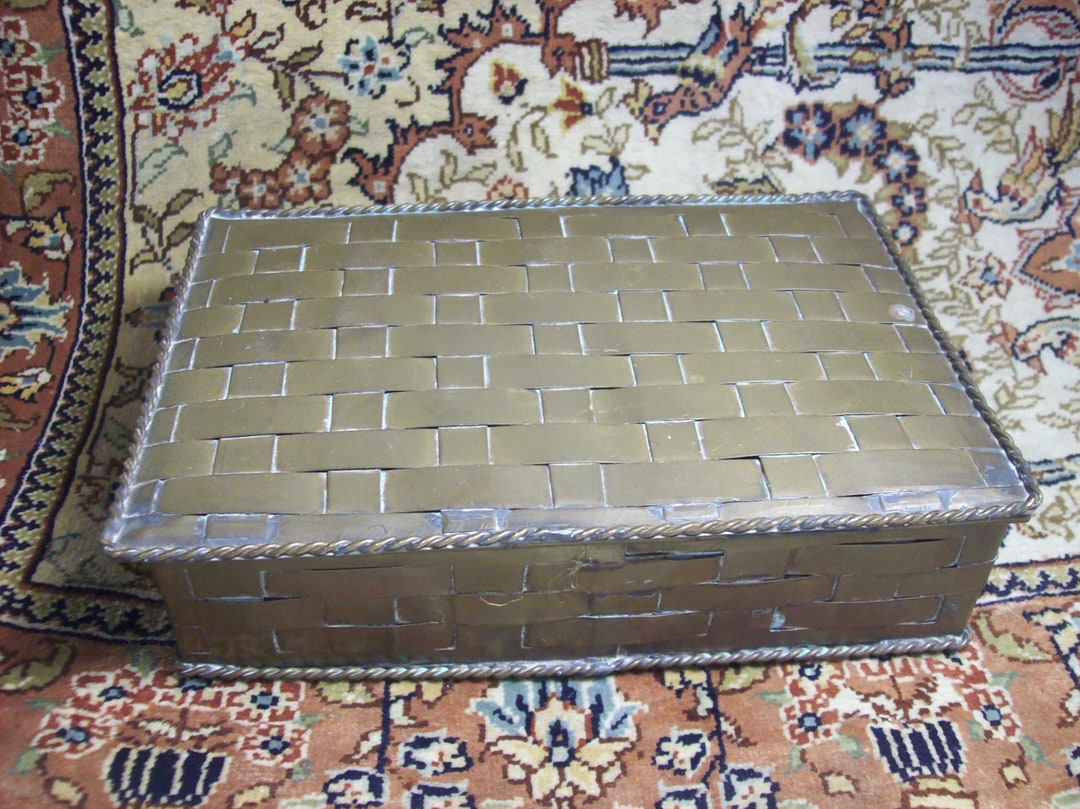 Woven BRASS Metal Hinged Lid TRINKET BOX Lined in Wood Jewelry and
