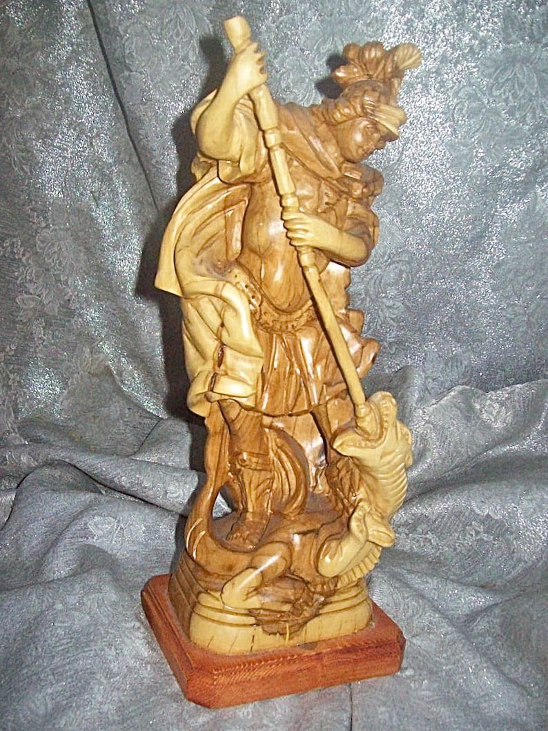 Hand Carved Wood Sculpture of SAINT GEORGE Slaying The DRAGON Figurine Statue