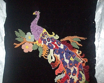 Large 18&quot; by 36&quot; Antique Tufted Stitch WOOL Embroidery PEACOCK on Black VELVET Wall Hanging