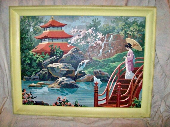 FP16 絵画 額絵 プリント画 アンティーク調 水辺の家と少女 サイン有り Framed Mid Century PAINT-BY-NUMBER Beautiful Japanese Garden