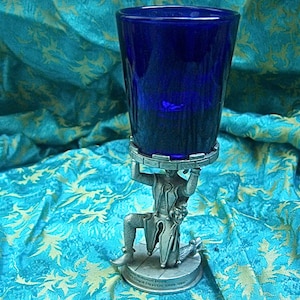Vintage Cobalt Blue Glass Cup with Figural PEWTER COURT JESTER Base Presentation Piece / Votive Candle Holder
