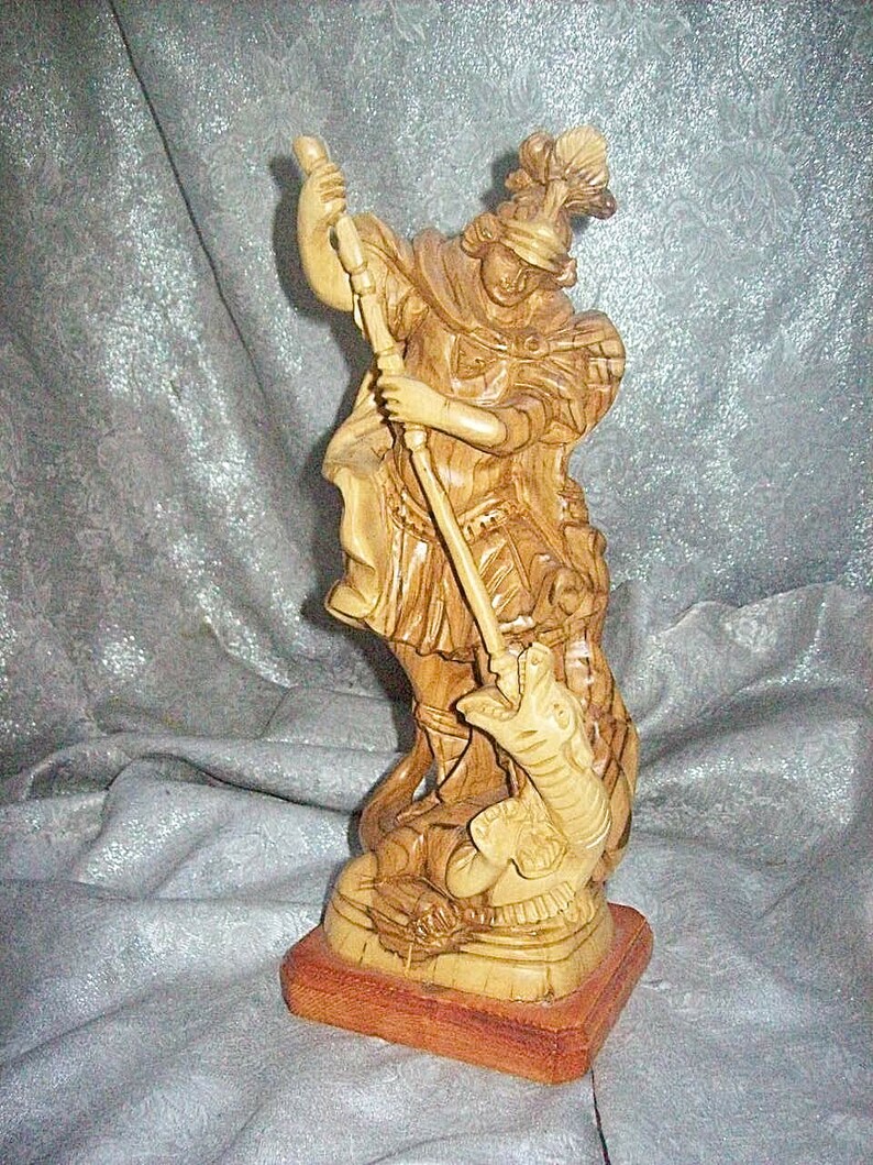 Hand Carved Wood Sculpture of SAINT GEORGE Slaying The DRAGON Figurine Statue