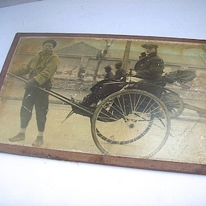Antique Large Format Original PHOTOGRAPH of Chinese COOLIE with RICKSHAW Passenger, Glenn Moore - Mounted on Wood