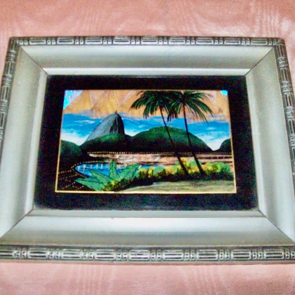 Vintage Framed Reverse Painting on Glass of RIO with REAL BUTTERFLIES Background from Brazil