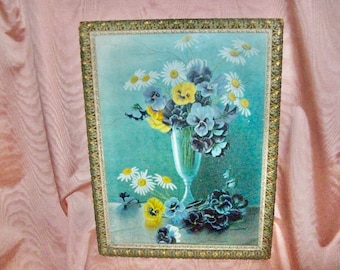 Beautiful Antique Still Life Floral Print with DAISIES and PANSIES in ORIGINAL Frame