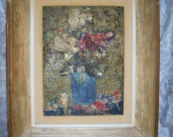 Vintage Framed OIL PAINTING done with Palette Knife - FLORAL Still Life