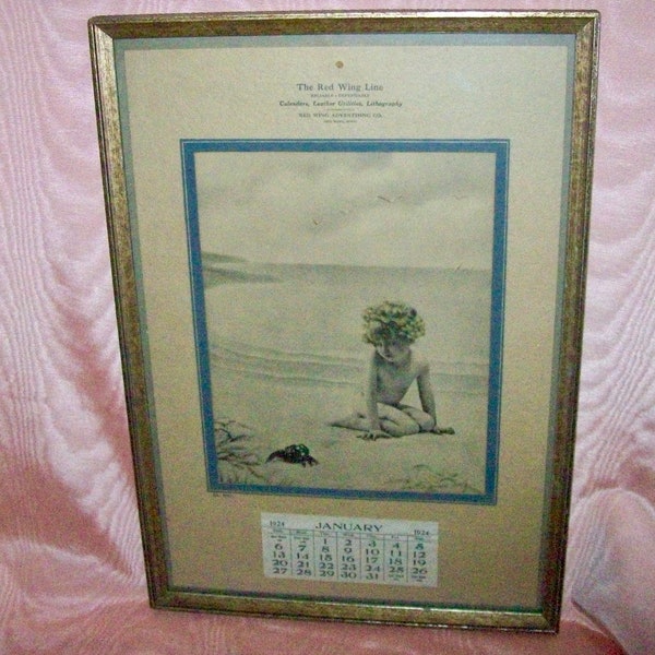 1924 Framed CALENDAR with Lithograph Print  of CHILD on BEACH with Sand Crab titled " Go Way " - Red  Wing Line  Advertising Co.