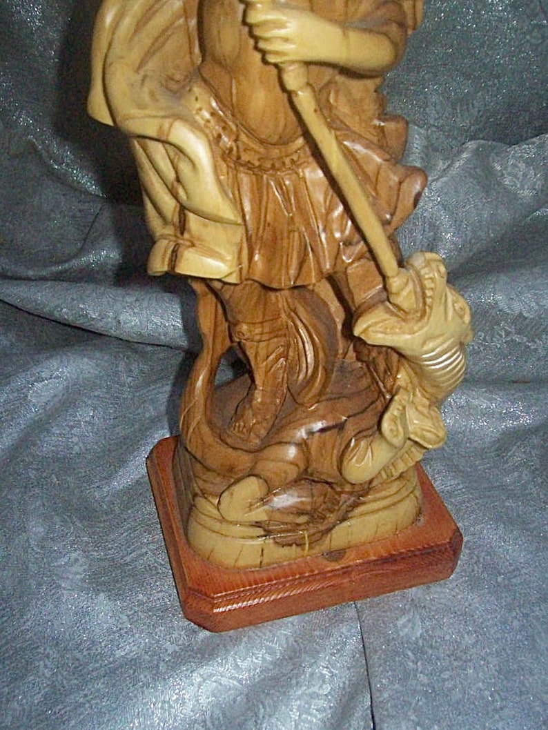 Hand Carved Wood Sculpture of SAINT GEORGE Slaying The DRAGON Figurine Statue