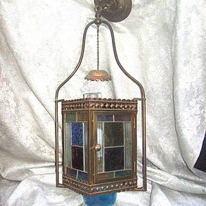 Antique Hanging Oil LAMP Converted to Electric with 4 STAINED GLASS Panels