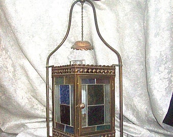 Antique Hanging Oil LAMP Converted to Electric with 4 STAINED GLASS Panels
