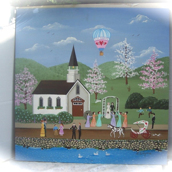 Folk Art naïf grand 24" carrés peinture originale à bord de célébration de scène de mariage en plein air par Warne L.