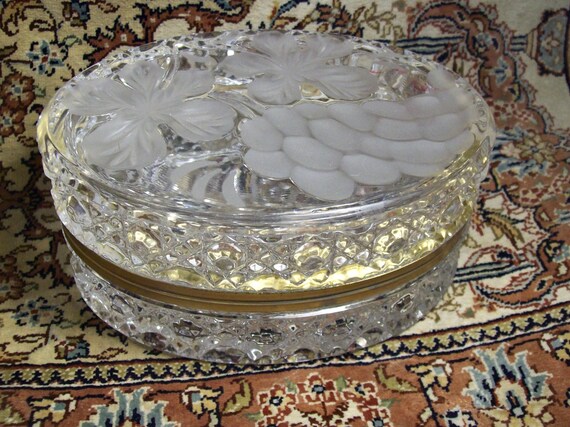 Oval Pattern Glass BOX Hinged with Ormolu Mount L… - image 1