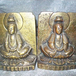 Antique Serene MEDITATING BUDDHAS BOOKENDS made of Gilded Bronze / Cast Iron