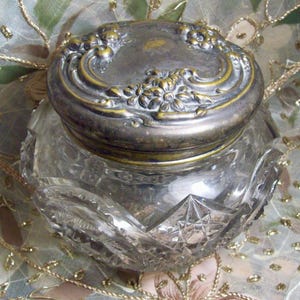 Large Decorative EAPG Glass VANITY JAR with Silver-Plated Repousse Lid