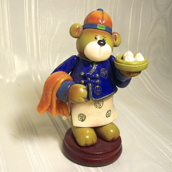 Colorful Resin Clay Figurine of a CHINESE BEAR WAITER serving Pot Stickers