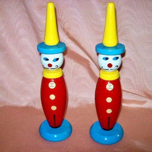Vintage Pair of 12 1/&quot; Tall Painted WOOD CLOWNS from FRANCE