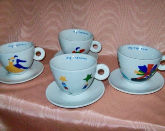 illy Art Collection 1999 Marco Lodola "Tazzine Ballerine" SET of 4  ESPRESSO CUPS / Saucers