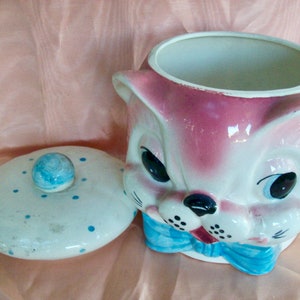Vintage Mid Century Circa 1950's Pink Ceramic CAT Head COOKIE JAR with Blue Bow and Cap