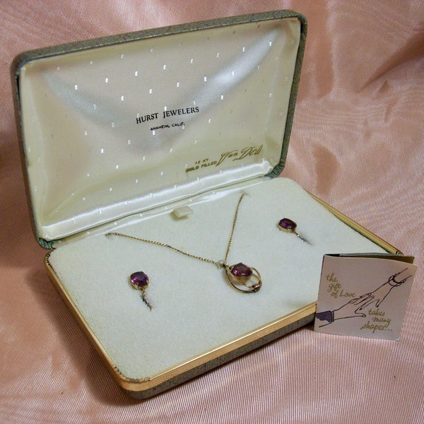 Circa 1960's Van Dell 12 Kt Gold-Filled Amethyst Pendant and Earrings Set in Original Box from Hurst Jewelers