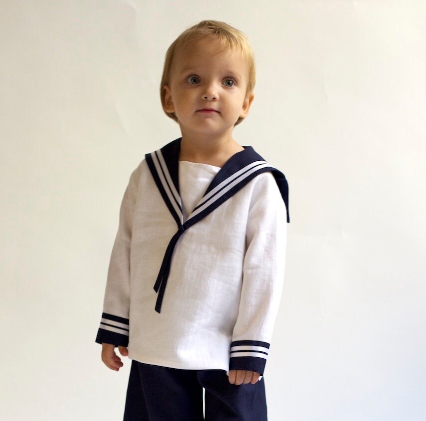 Sailor Shirt Boy Pure Linen Fabric With Blue Sailor Collar