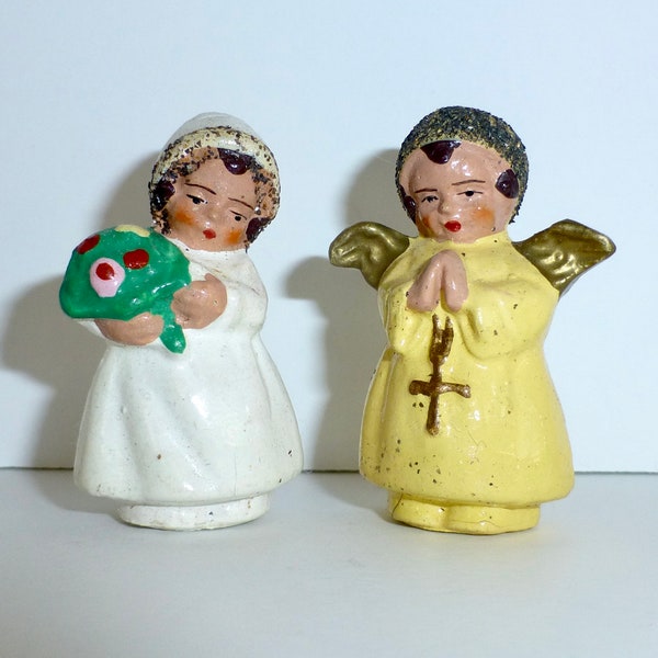 Pair of Tiny Angel Ornaments Figurines for Holiday Decorating Germany Mica Accents Set of 2 Vintage