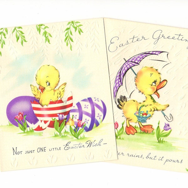 Pair UNUSED Easter Spring Duckling Chick Colored Eggs Embossed Greeting Cards Vintage 1940's Unsigned w/Envelopes Set of 2