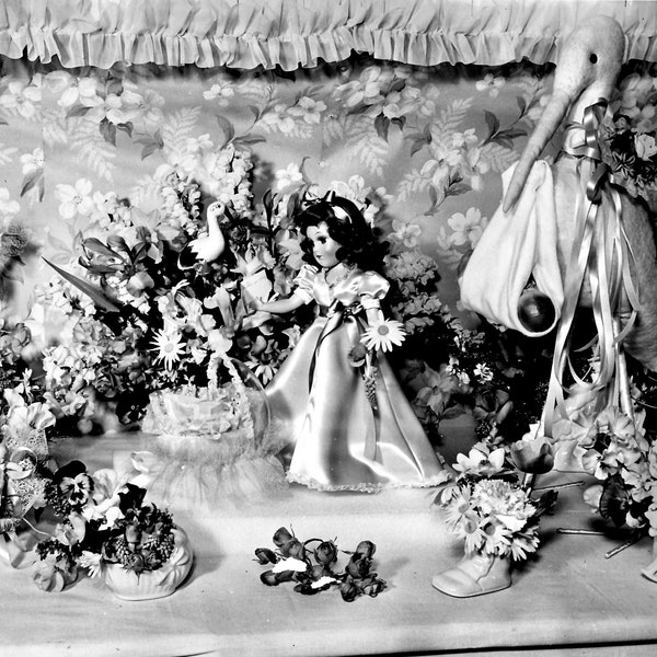 Original 8x10 Photo Baby Shower Display Photograph Florist Shop Window with Dolls Planters Storks Black & White Vintage