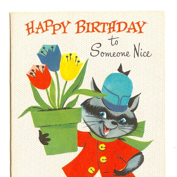 UNUSED Paper Toy Card Birthday Greetings Anthropomorphic Raccoon Pot of Tulips to Punch Out Colorful 1960's Vintage Unsigned w/Envelope