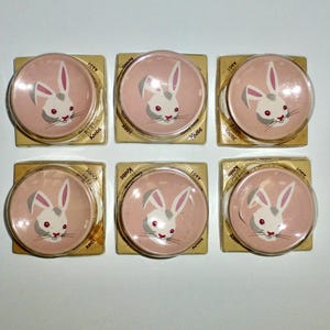 May include: Six pink cabinet knobs with a clear, domed cover. Each knob features a white bunny face with pink ears and red eyes. The knobs are set on a gold-colored cardboard backing.