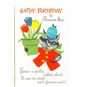 Vintage UNUSED Toy Card Birthday Greetings Dressed Raccoon with Pot of Tulips to Punch Out Colorful 1960's w/Envelope