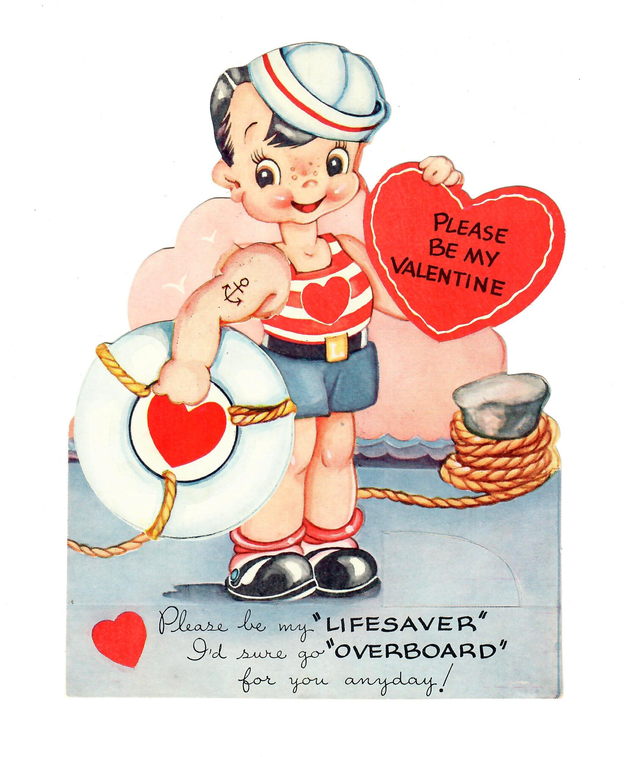 CUTE Vintage Valentine's Day Card, Little Boy Fishing, c 1920s