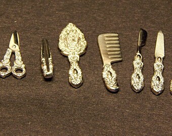 Dollhouse miniature vanity set of 7 items 925 silver