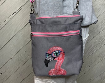 Crossbody purse with flamingo embroidery, women's crossbody bag, hipster bag,  adjustable crossbody bag,women's handbag