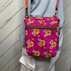Pink with yellow flowers crossbody purse, women&#39;s crossbody bag, hipster bag, messenger bag, adjustable crossbody bag, women&#39;s handbag