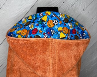 Hooded towel or hooded poncho towel with sports design, personalized beach towel, boy bath towel, kids pool wrap, toddler beach