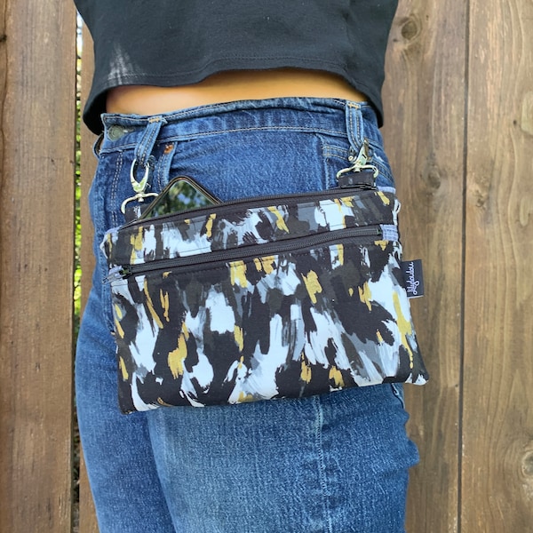 Black and white belt bag, fanny pack, motorcycle hip bag, hip purse, hip pouch