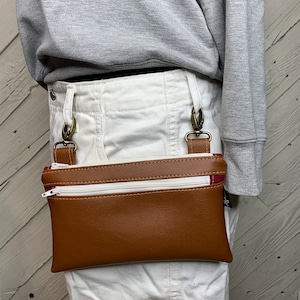 Hip pouch with brown faux leather, fanny pack, motorcycle hip bag, belt bag, hip purse, hip bag