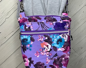 Purple floral crossbody purse, women's crossbody bag, hipster bag, messenger bag, adjustable crossbody bag, women's handbag