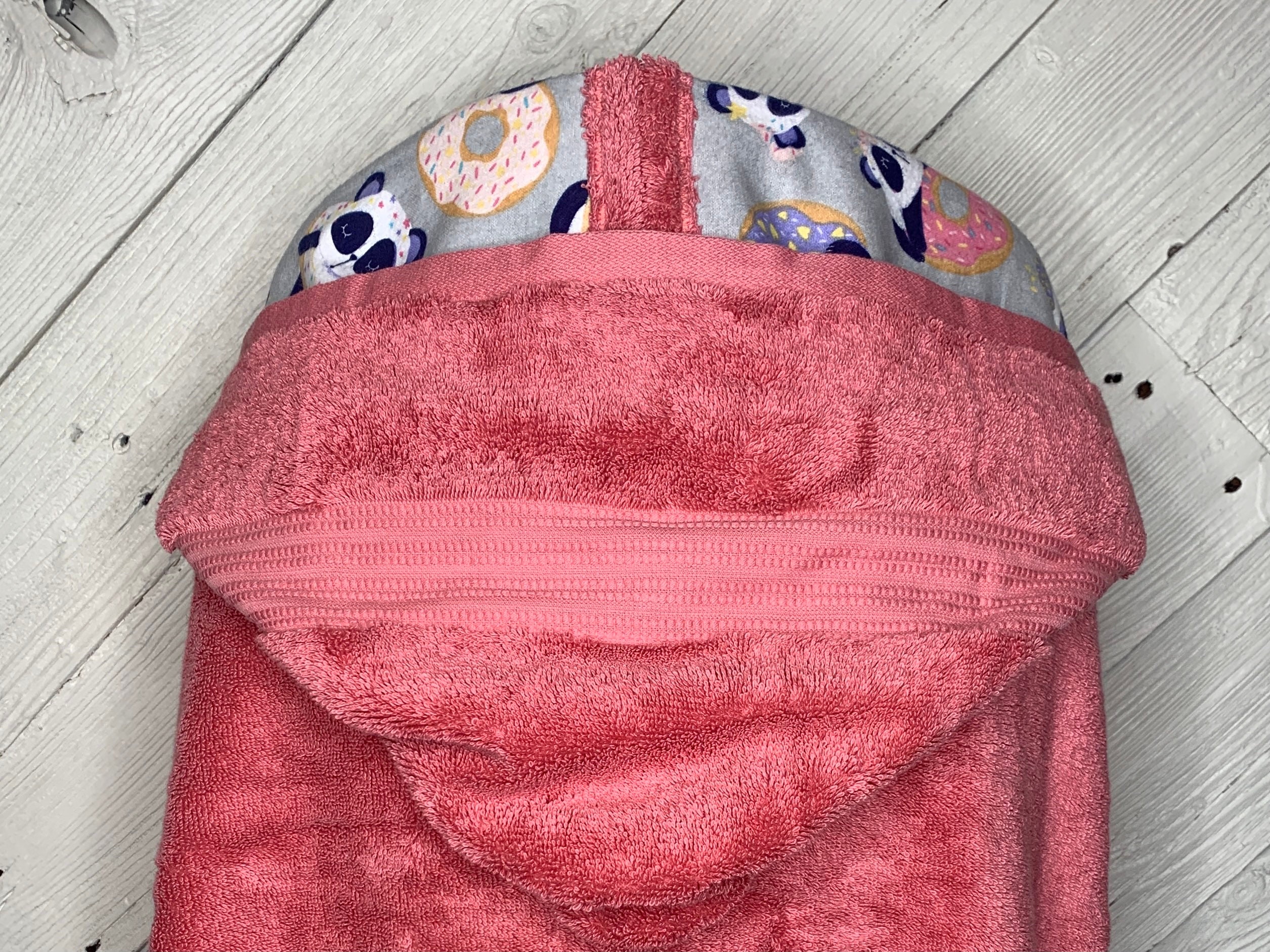 Teen hooded bath towel with optional panda and doughnut flannel, large tween hooded bath towel, personalized teen hooded towel
