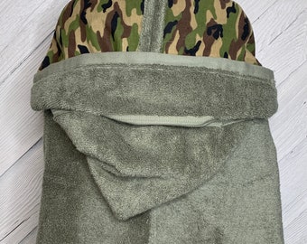 Hooded bath towel for adults or teens with optional camouflage flannel, personalized adult hooded beach towel