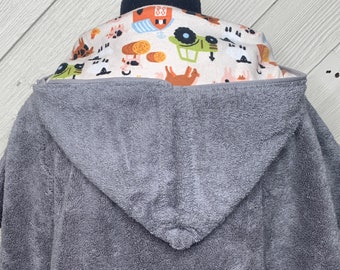 Personalized hooded bath towel or poncho towel for a boy with farm animals and tractors, toddler hooded bath towel, hooded poncho towel