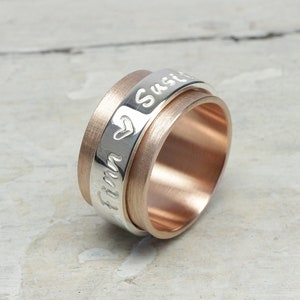 Rotating ring, game ring, family ring family ties LUXERY 333 red gold 8k with 925 silver writing band, stamped, personalized with name image 2