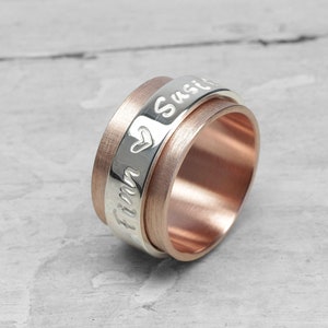 Rotating ring, game ring, family ring family ties LUXERY 333 red gold 8k with 925 silver writing band, stamped, personalized with name image 1