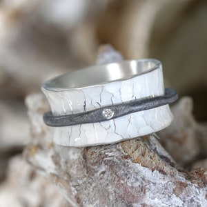 Rotating ring with diamond, game ring, silver ring, forged from 925 silver, diamond ring, ring with structure image 2